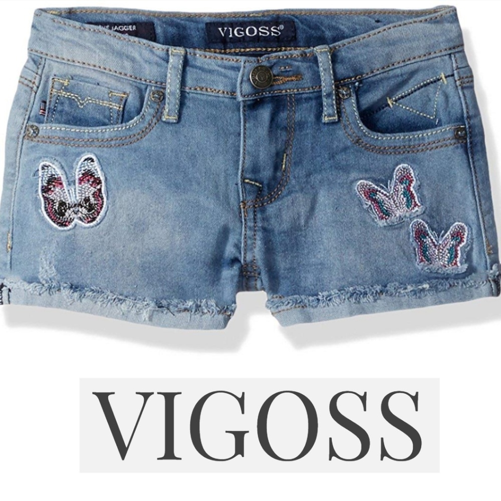 Vigoss Girls Size 5 Butterfly Patches Denim Jean Shorts Adjustable Waist NWT